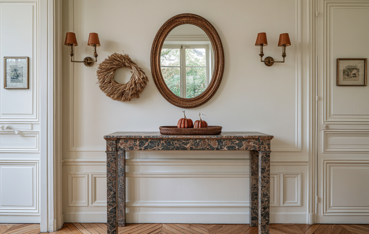 A sophisticated entryway featuring a dark marble console table styled with an oval mirror, wall sconces, and a straw wreath.