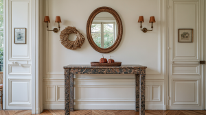 A sophisticated entryway featuring a dark marble console table styled with an oval mirror, wall sconces, and a straw wreath.