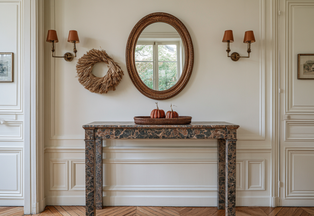 A sophisticated entryway featuring a dark marble console table styled with an oval mirror, wall sconces, and a straw wreath.