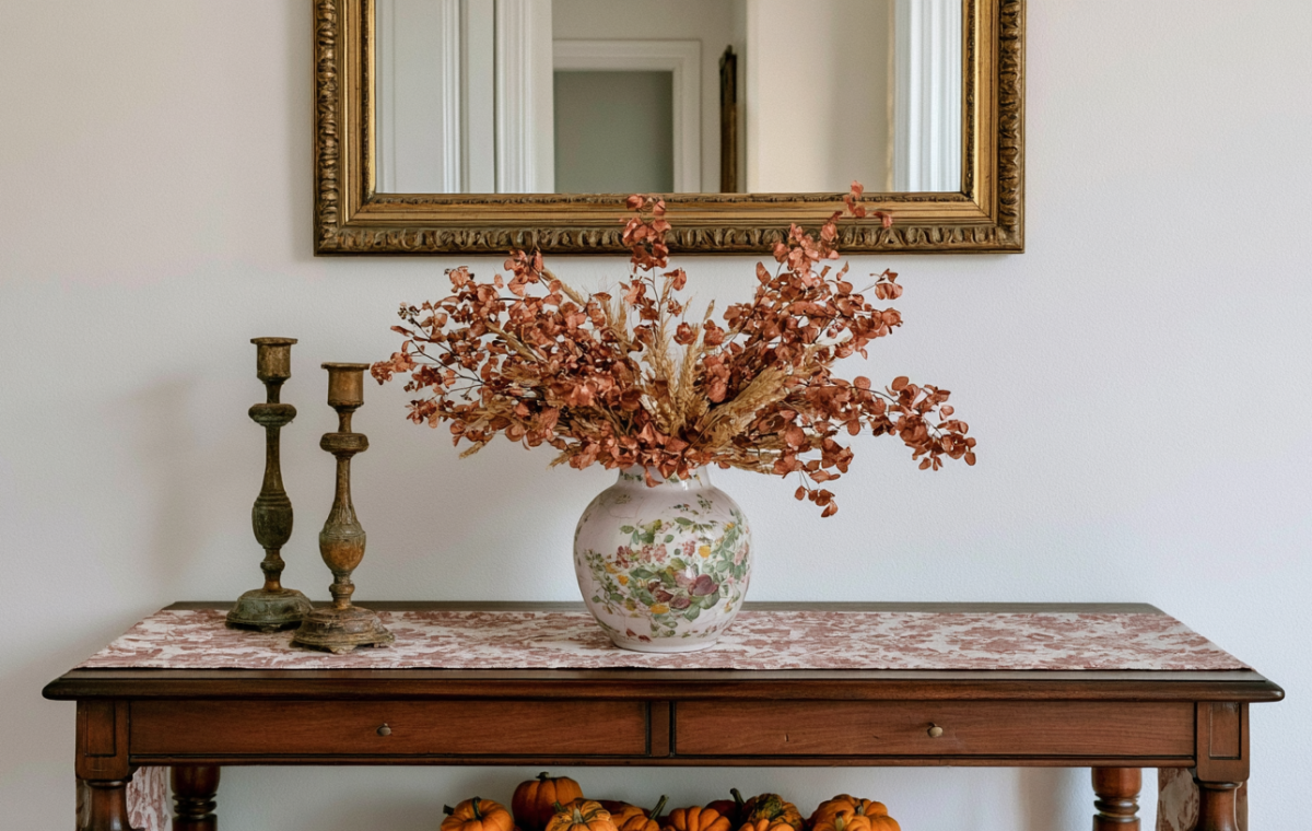 Console table styling featuring a floral vase, brass candlesticks, and a gold vintage mirror.