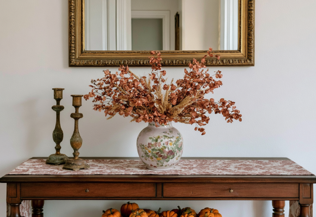 Console table styling featuring a floral vase, brass candlesticks, and a gold vintage mirror.
