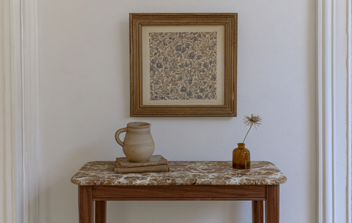 Console table styling featuring a marble top, vintage art, ceramic jug, and a bud vase in a minimalist hallway setup.