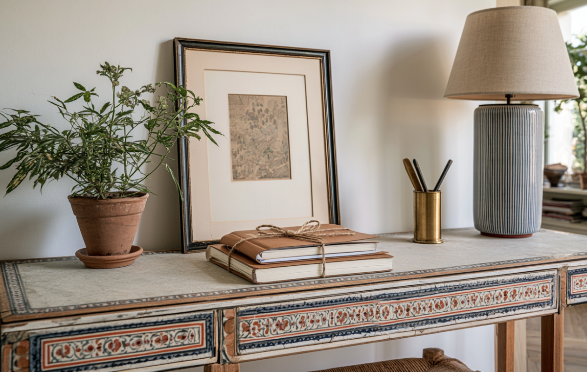 Console table styling featuring a ceramic lamp, framed art, and a potted plant in a living room.