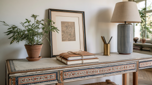 Console table styling featuring a ceramic lamp, framed art, and a potted plant in a living room.
