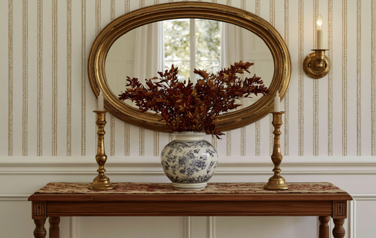 Console table styling featuring an oval gold mirror, vintage brass candleholders, and a blue and white vase in a hallway.