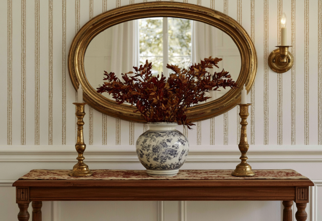 Console table styling featuring an oval gold mirror, vintage brass candleholders, and a blue and white vase in a hallway.