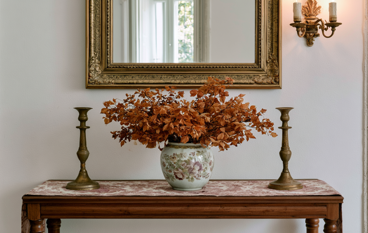 Console table styling featuring an antique mirror, brass candlesticks, and dried botanicals in an entryway.
