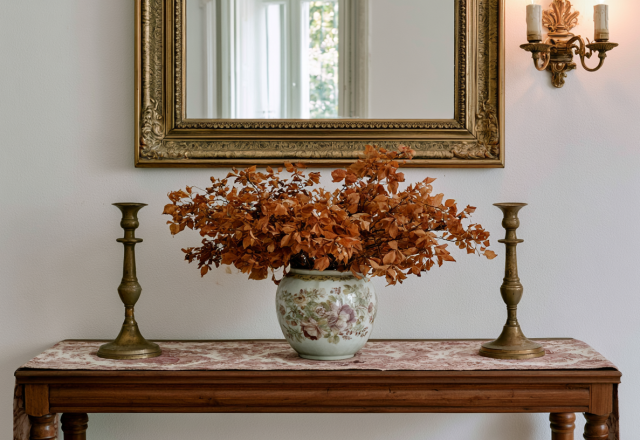 Console table styling featuring an antique mirror, brass candlesticks, and dried botanicals in an entryway.
