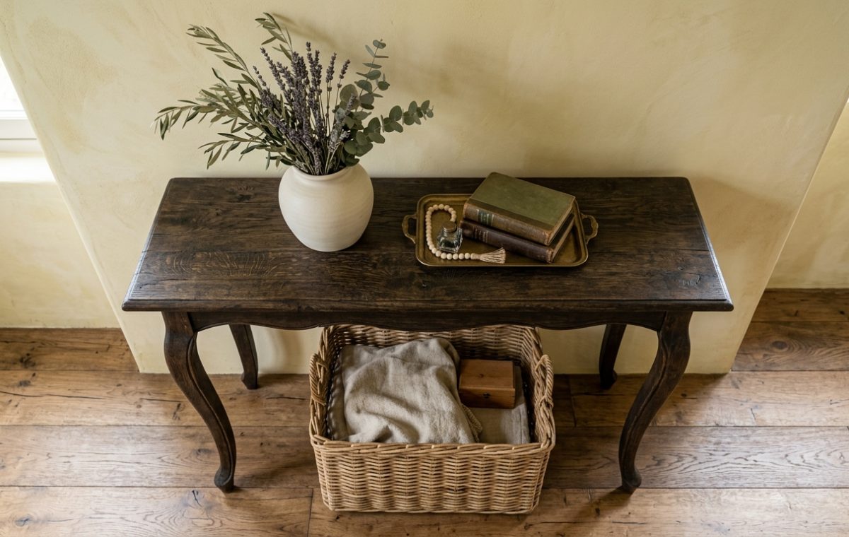 Dark wooden console table styled with a ceramic vase, dried botanicals, vintage books, and a woven basket underneath against a plaster wall.