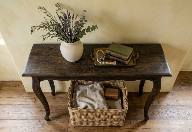 Dark wooden console table styled with a ceramic vase, dried botanicals, vintage books, and a woven basket underneath against a plaster wall.