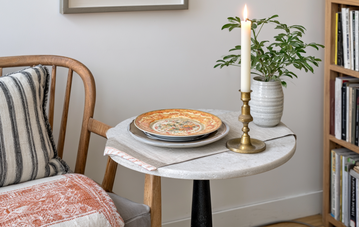 Corner reading nook styling featuring a marble side table, lit candle, and cozy armchair.