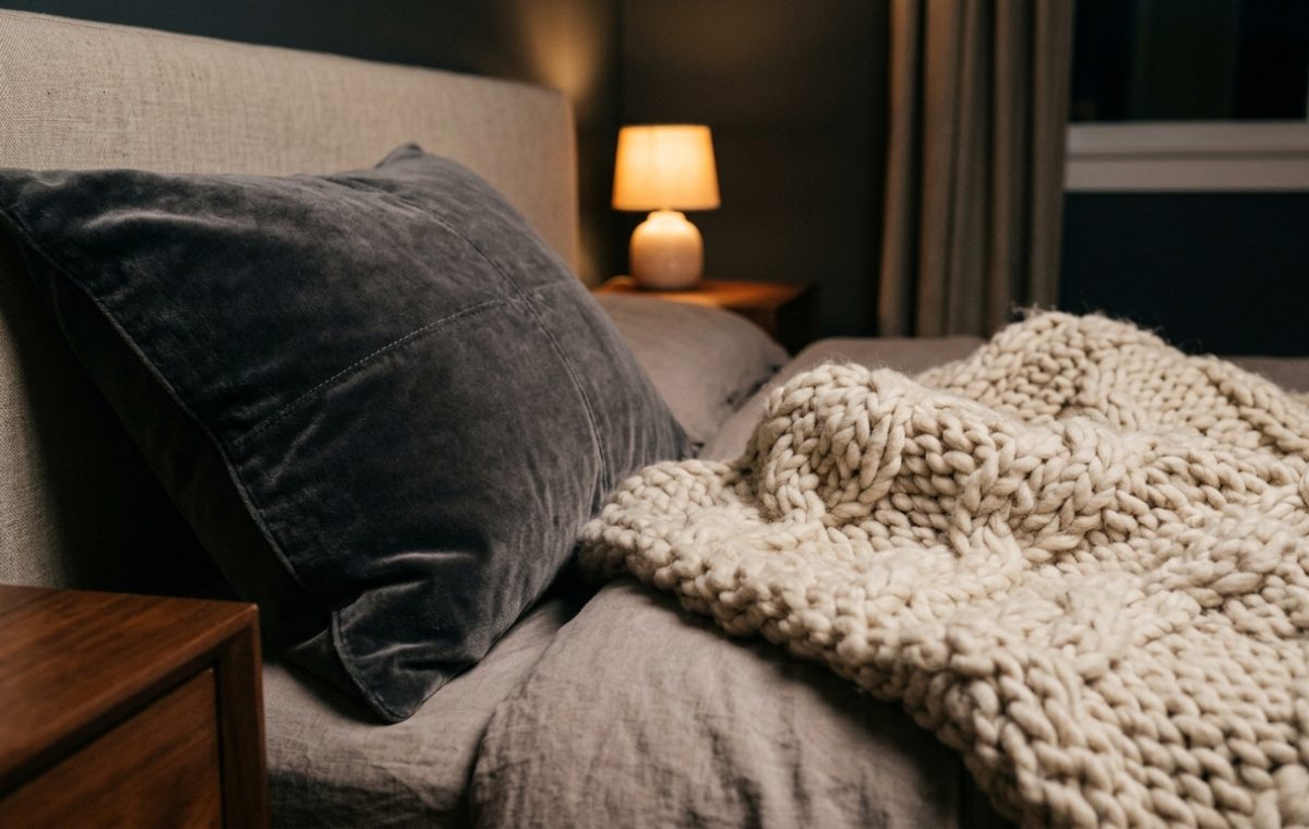 Cozy bedroom styling featuring a dark velvet pillow, chunky knit blanket, and warm bedside lamp.