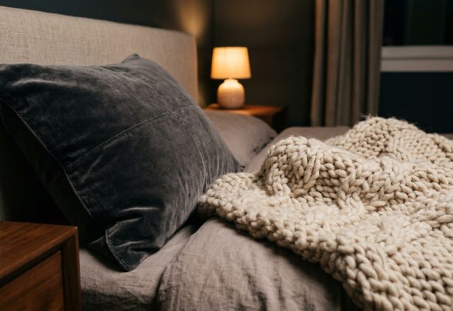Cozy bedroom styling featuring a dark velvet pillow, chunky knit blanket, and warm bedside lamp.