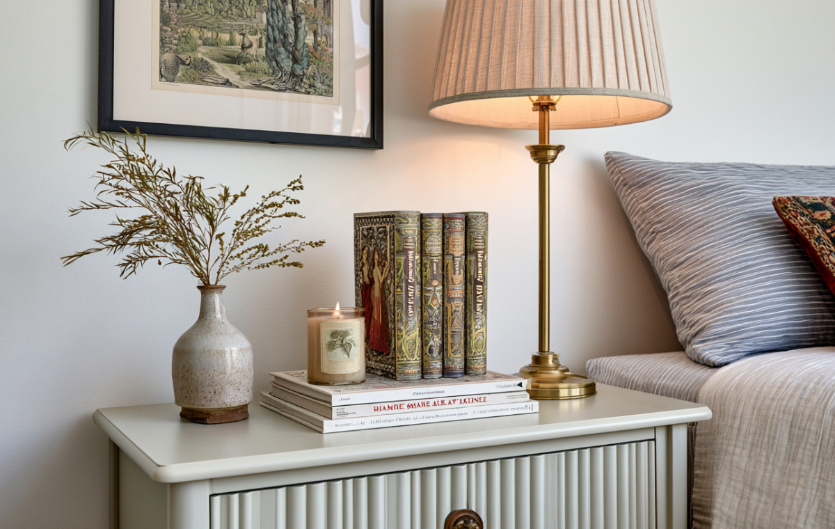 Cozy bedside table styling featuring a brass lamp, vintage books, and dried botanicals