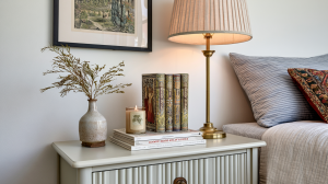 Cozy bedside table styling featuring a brass lamp, vintage books, and dried botanicals