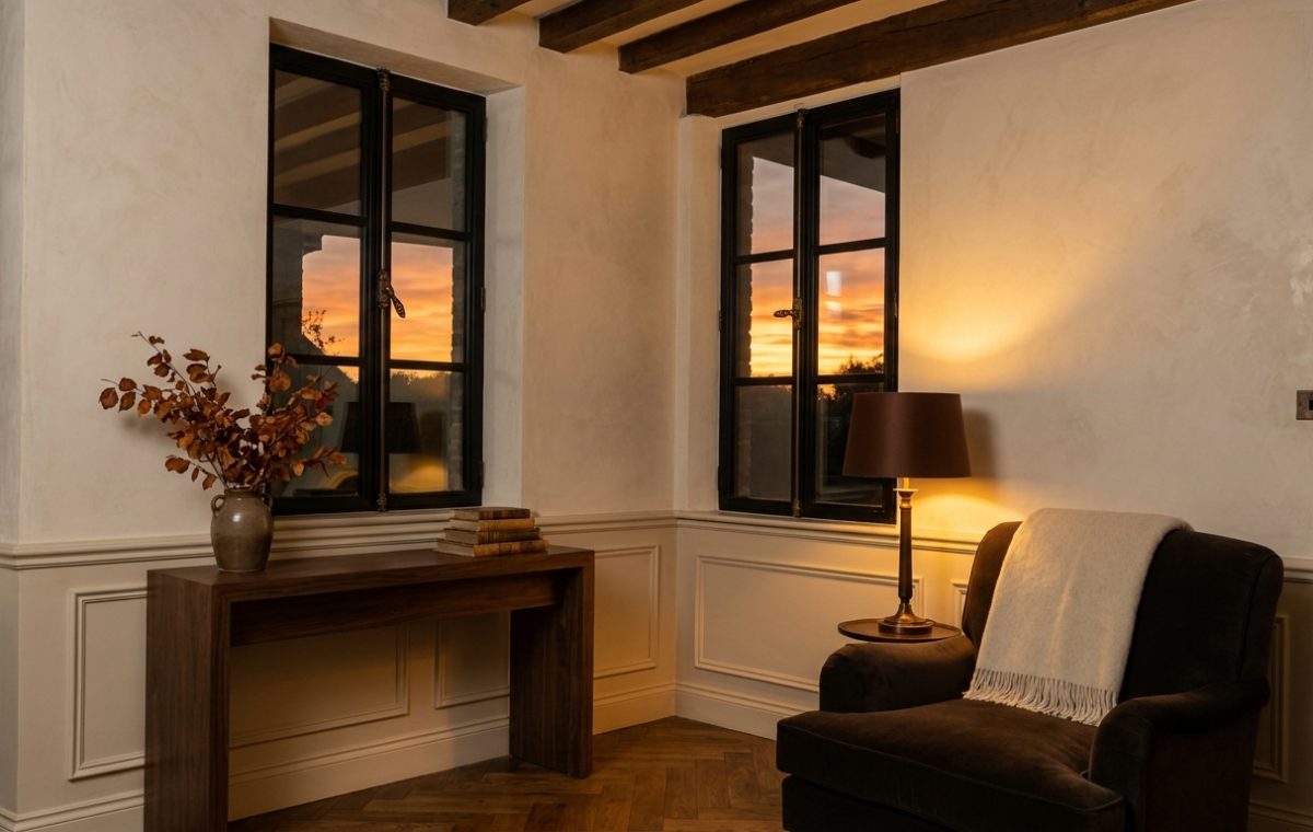 Cozy corner styling featuring dark wood console table, armchair, and warm lighting against neutral textured walls.