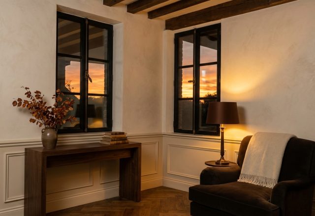 Cozy corner styling featuring dark wood console table, armchair, and warm lighting against neutral textured walls.