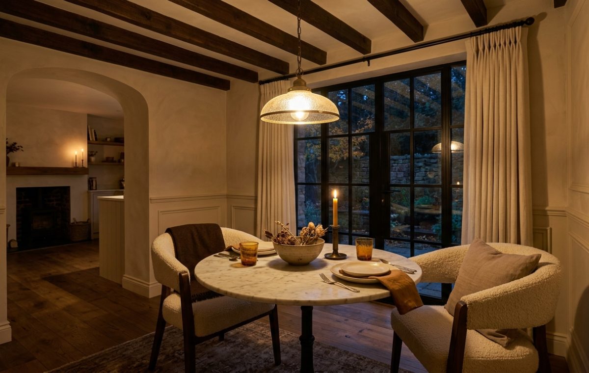 cozy dining room lighting with a marble table, boucle chairs, and warm ambient pendant glow
