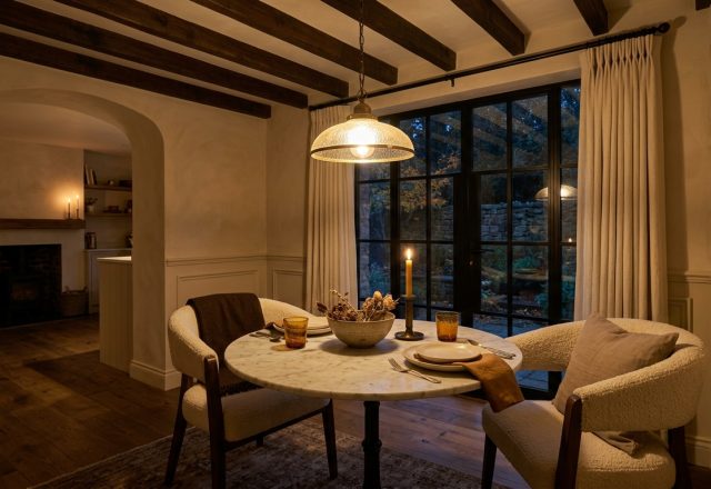 cozy dining room lighting with a marble table, boucle chairs, and warm ambient pendant glow