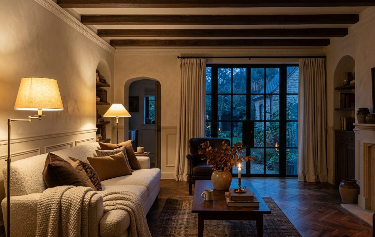 Warm living room lighting featuring a floor lamp and fireplace at dusk.