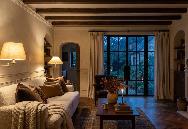 Warm living room lighting featuring a floor lamp and fireplace at dusk.