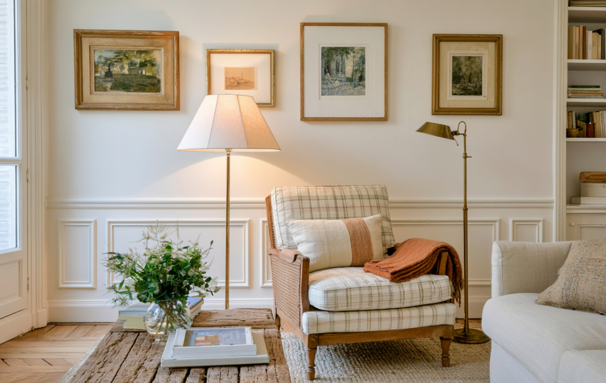 Cozy living room lighting featuring a brass floor lamp next to a plaid armchair and wooden coffee table.
