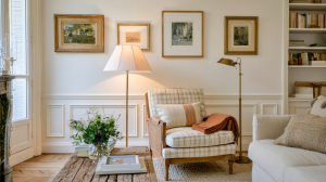 Cozy living room lighting featuring a brass floor lamp next to a plaid armchair and wooden coffee table.