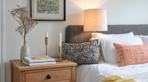 Cozy nightstand styling featuring a wooden bedside table, brass candle holders, lamp, and books.