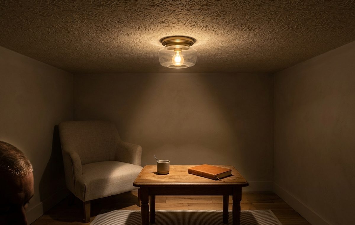 cozy small room lighting featuring a warm flush mount ceiling fixture above a reading nook and wooden table in a dimly lit space