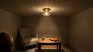 cozy small room lighting featuring a warm flush mount ceiling fixture above a reading nook and wooden table in a dimly lit space