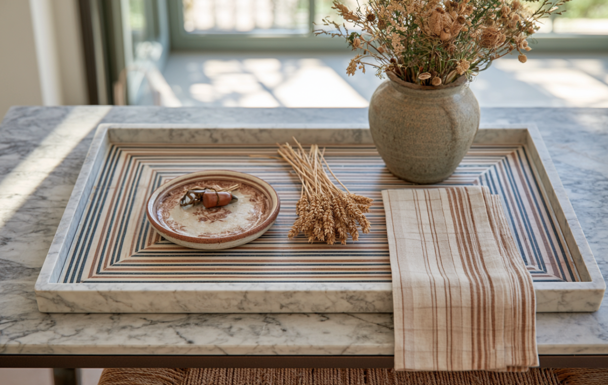 Decorative marble tray styling with a ceramic vase, dried wheat, and striped linen cloth on a table.