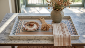 Decorative marble tray styling with a ceramic vase, dried wheat, and striped linen cloth on a table.