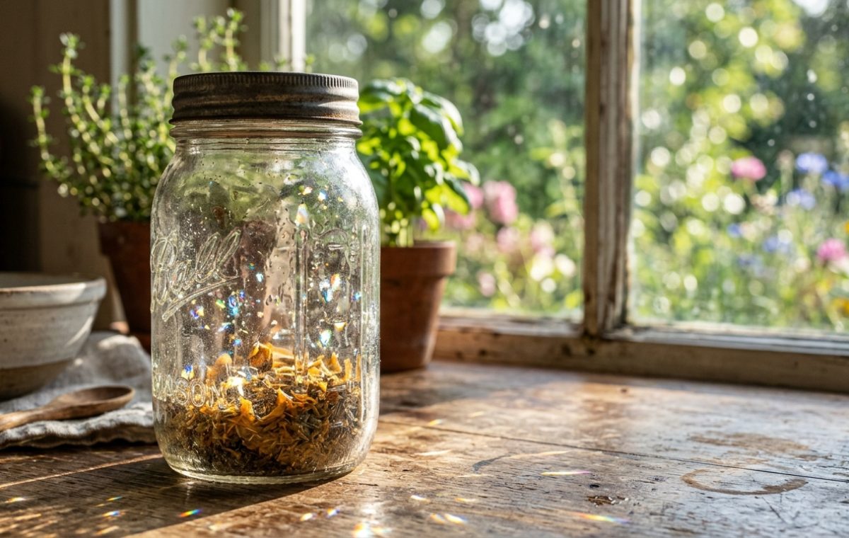 Glass mason jar with dried herbs for storage on a rustic kitchen windowsill with green plants.