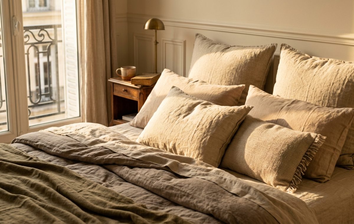 Layered neutral linen bedding on a bed illuminated by morning sun in a minimalist bedroom