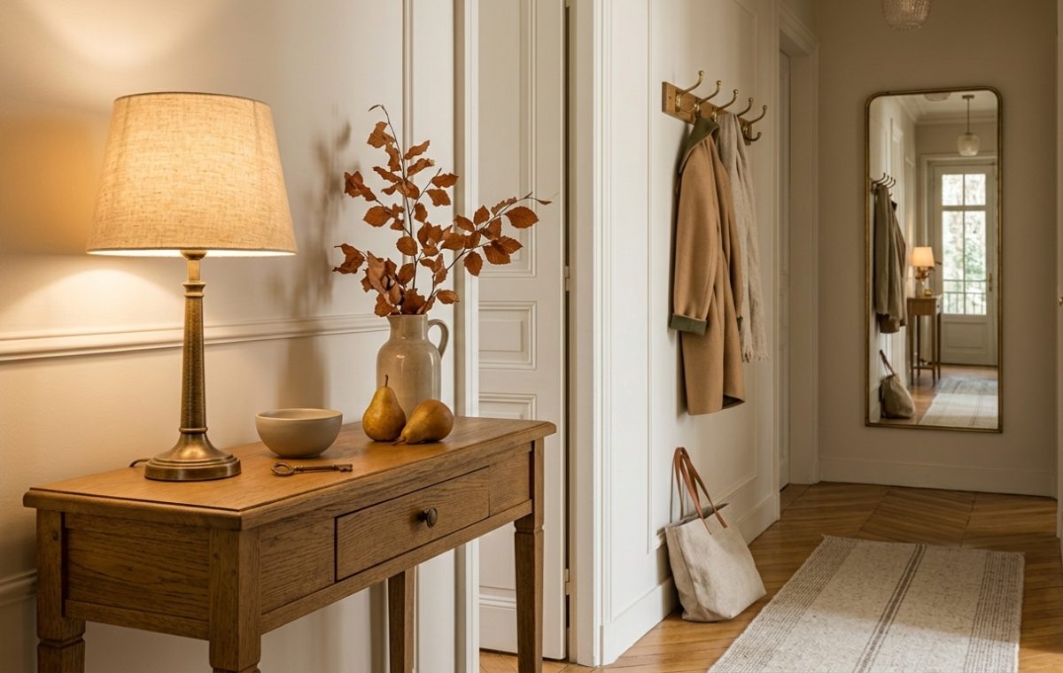A warm entryway console styling setup with a brass lamp, dried leaves in a pitcher, and a mirror on herringbone floors.