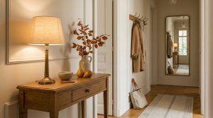 A warm entryway console styling setup with a brass lamp, dried leaves in a pitcher, and a mirror on herringbone floors.