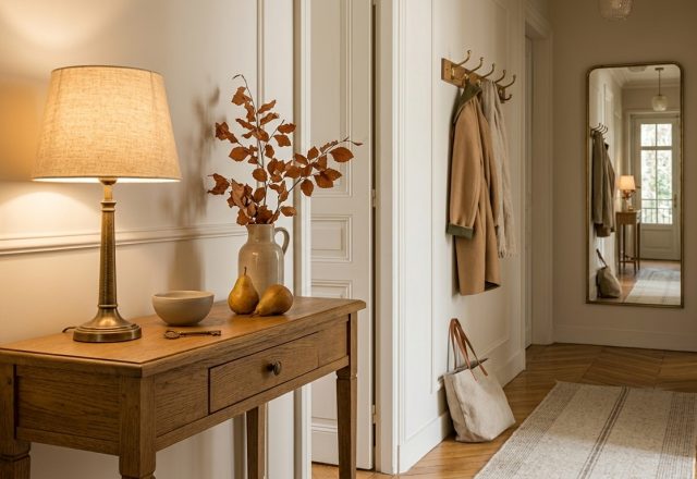 A warm entryway console styling setup with a brass lamp, dried leaves in a pitcher, and a mirror on herringbone floors.