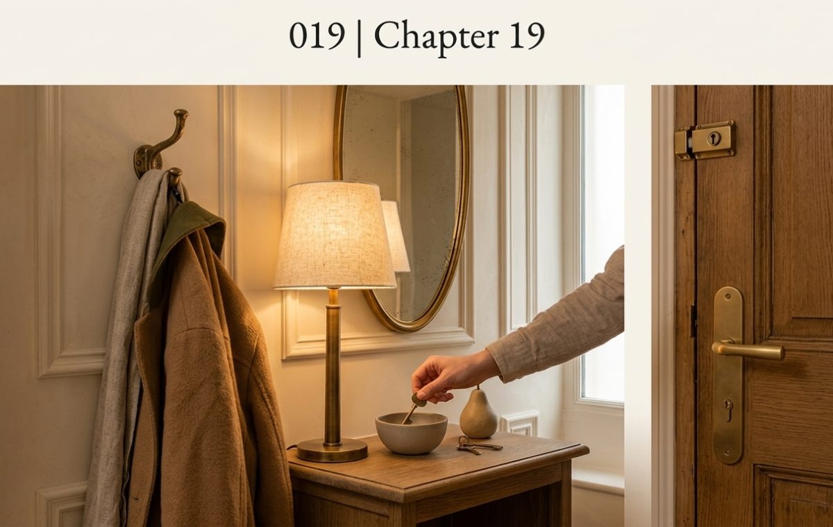A warm and inviting entryway organization setup featuring a console table, lamp, and brass key bowl.