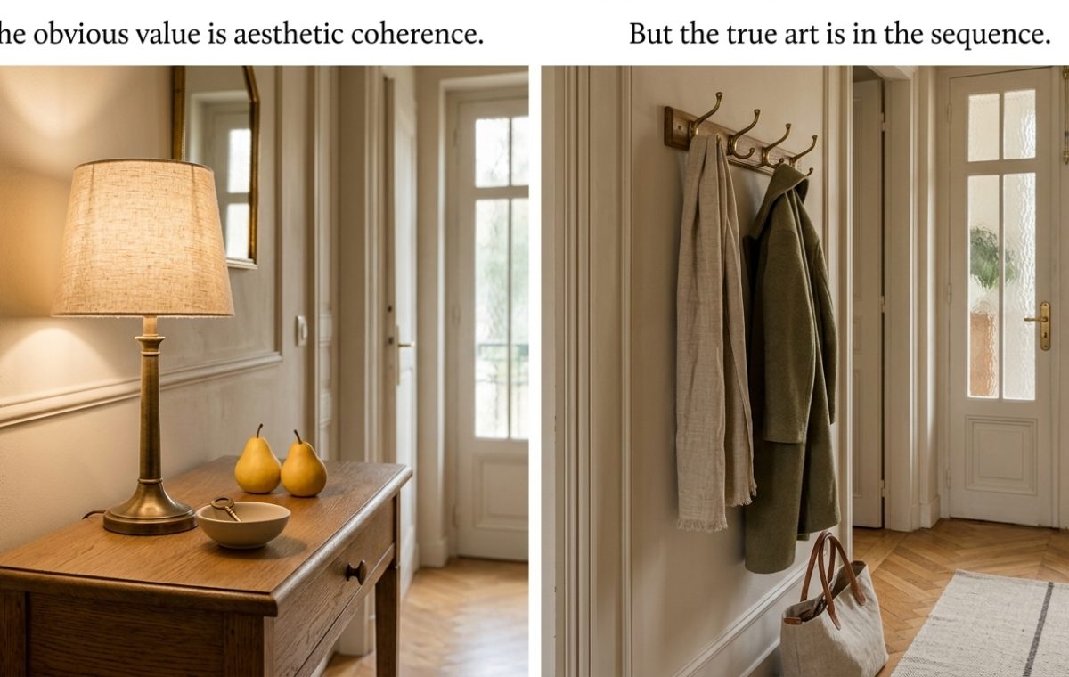 An example of entryway styling showing a console table and a coat rack arranged sequentially.