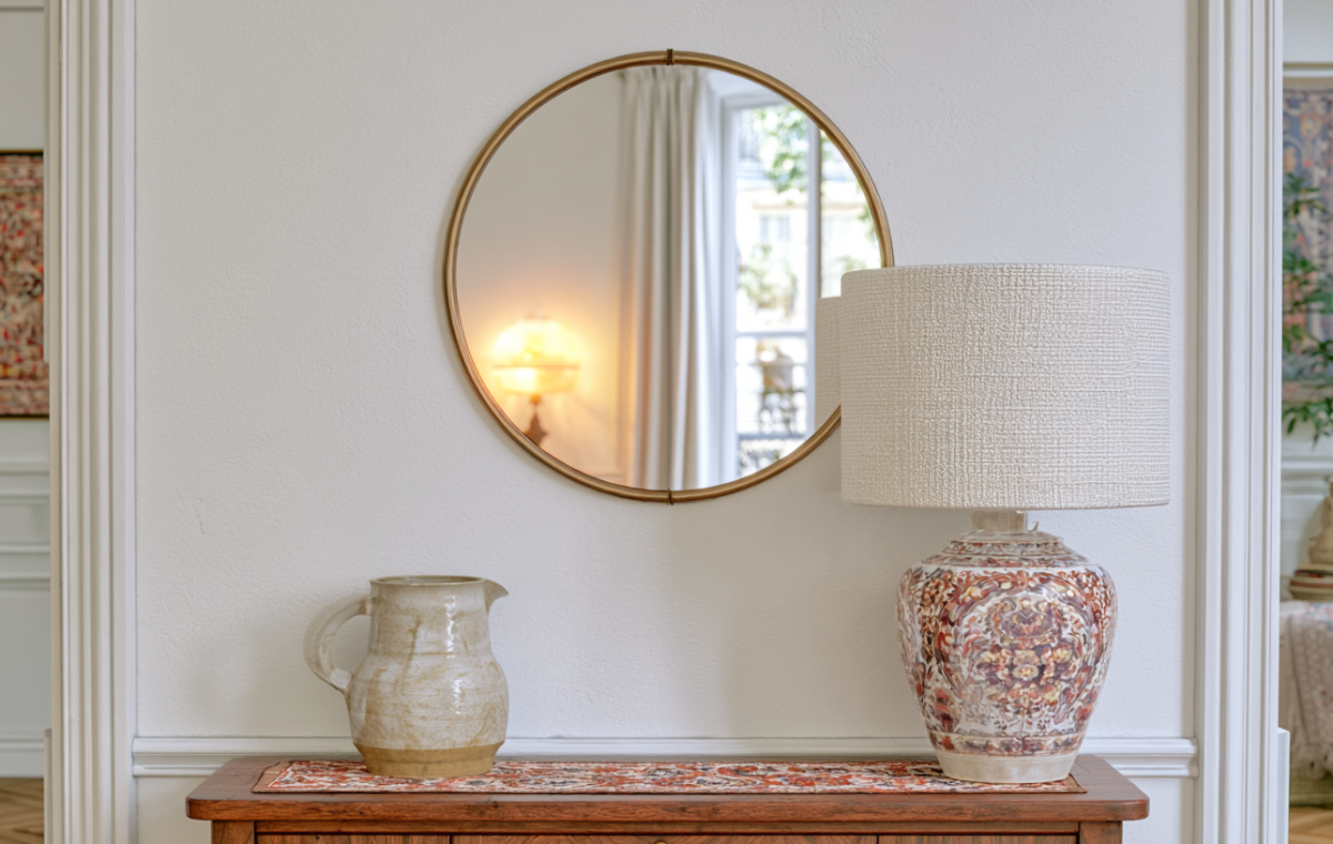 Elegant entryway table styling featuring a round brass mirror, ceramic lamp, and patterned runner on a wooden console.