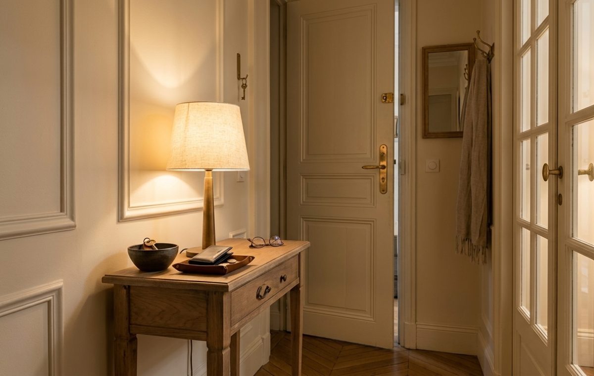 Warm entryway table styling featuring a lamp, wooden console, and organized drop zone in a classic hallway.