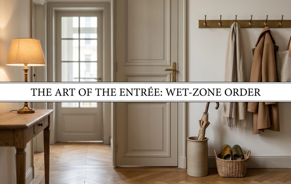 A neatly organized entryway wet zone featuring brass coat hooks, an umbrella stand, and a shoe basket on hardwood flooring.