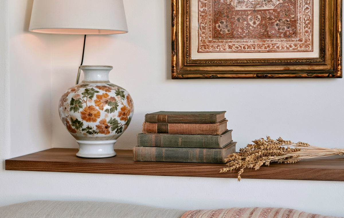 floating wooden shelf decor styled with a floral vase, vintage books, and dried wheat