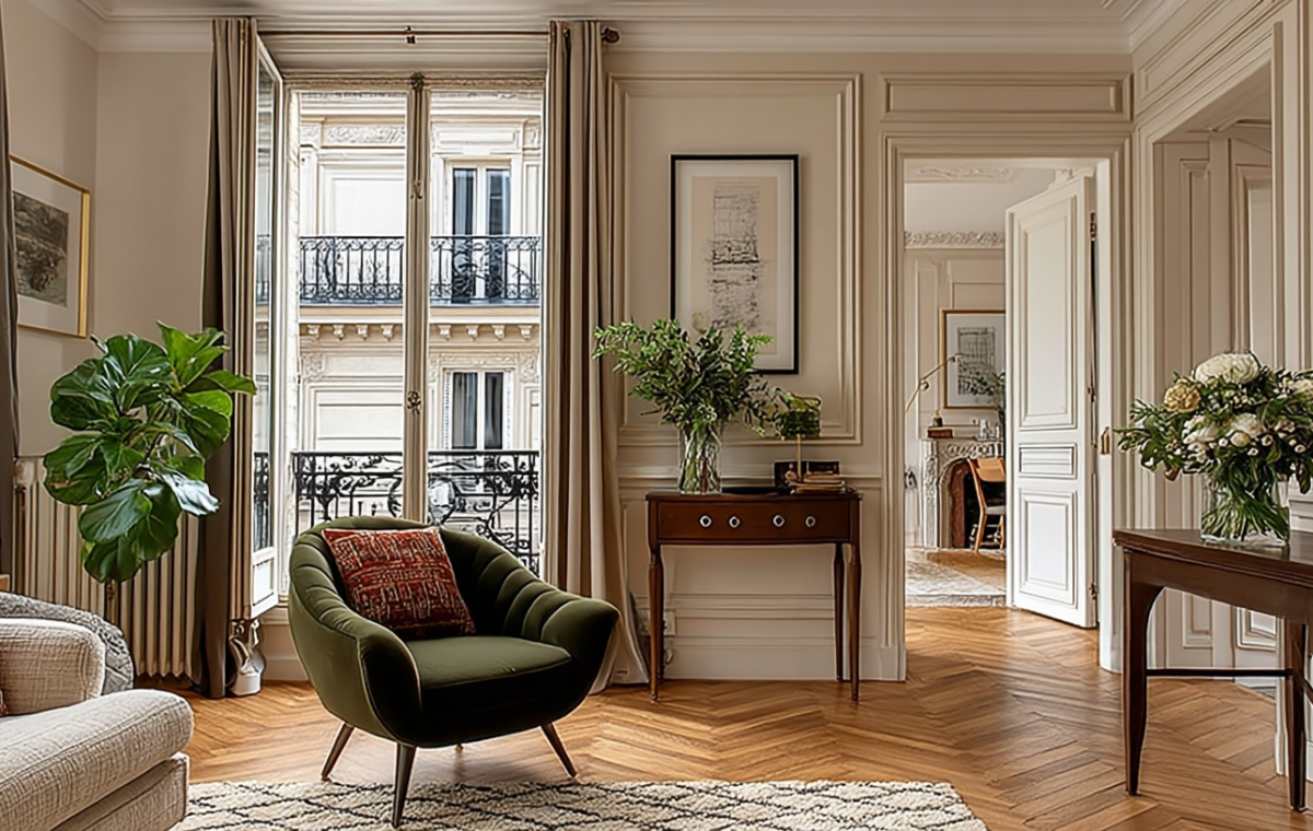 French apartment interior design featuring herringbone floors, ornate molding, and an olive green velvet armchair.
