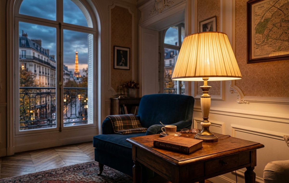 Warm French apartment lighting glow on a table lamp with a view of the Eiffel Tower.