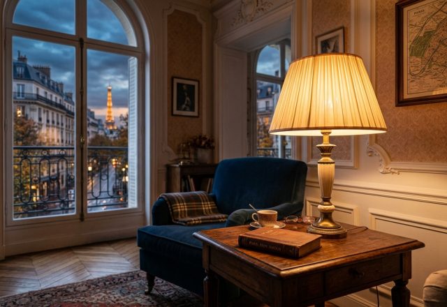 Warm French apartment lighting glow on a table lamp with a view of the Eiffel Tower.