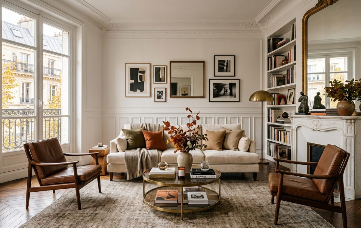 Bright French apartment living room decor featuring a cream sofa, leather armchairs, and herringbone floors.