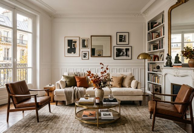 Bright French apartment living room decor featuring a cream sofa, leather armchairs, and herringbone floors.