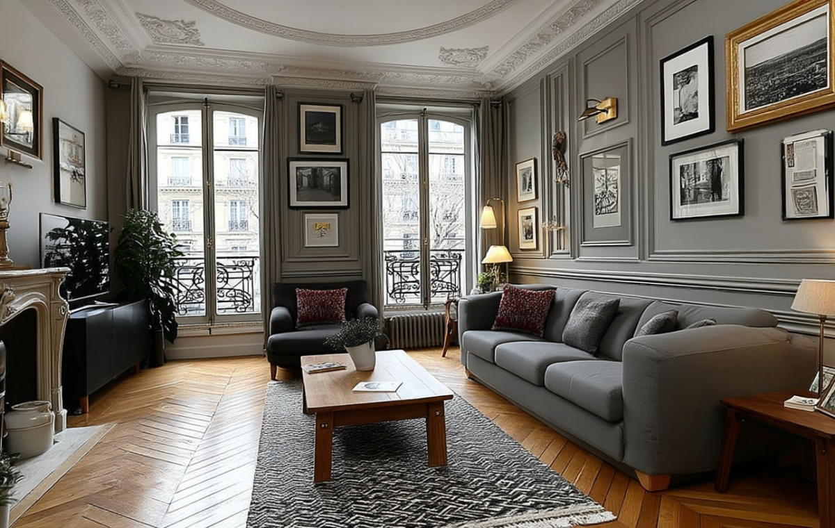 Sophisticated gray living room design featuring classic wall molding, herringbone wood floors, and a gallery wall.