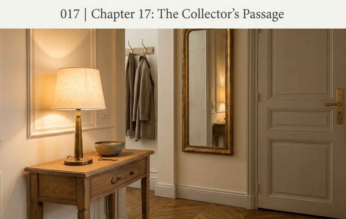 Hallway console table styling featuring a brass lamp, wooden table, and vintage mirror in a narrow entryway.